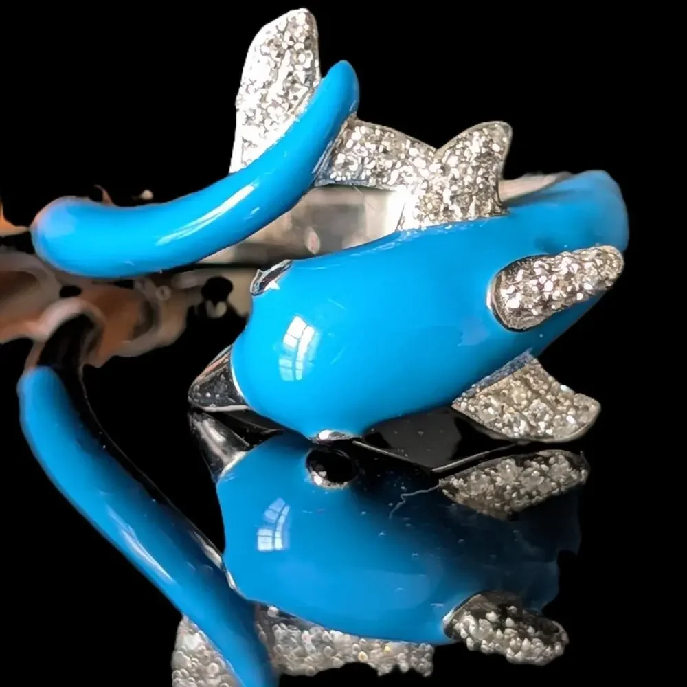 EFFY Dolphin Wrap Ring Diamonds Blue Enamel 14k White Gold New Old Stock